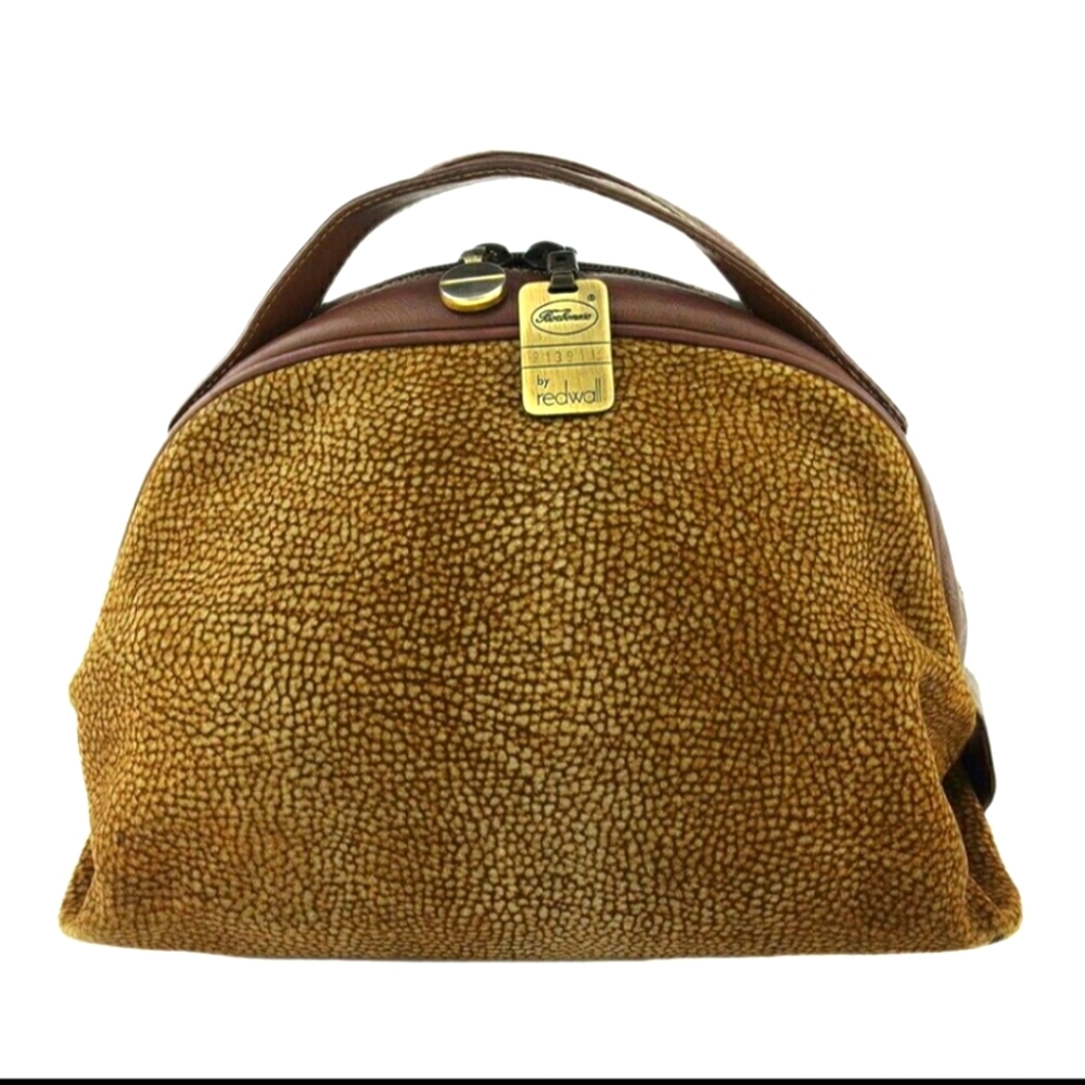 BORBONESE Handbag Ushura Pattern Beige Suede ~ Leather Auth Used